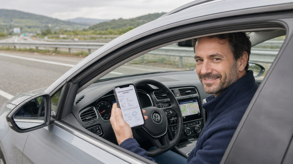 Conducteur consultant une offre d'assurance auto temporaire sur son smartphone dans sa voiture