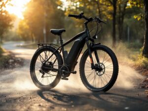 photo d'un vélo au milieu d'un sentier bétonné en forêt. Quel tarif pour une assurance vélo électrique ?
