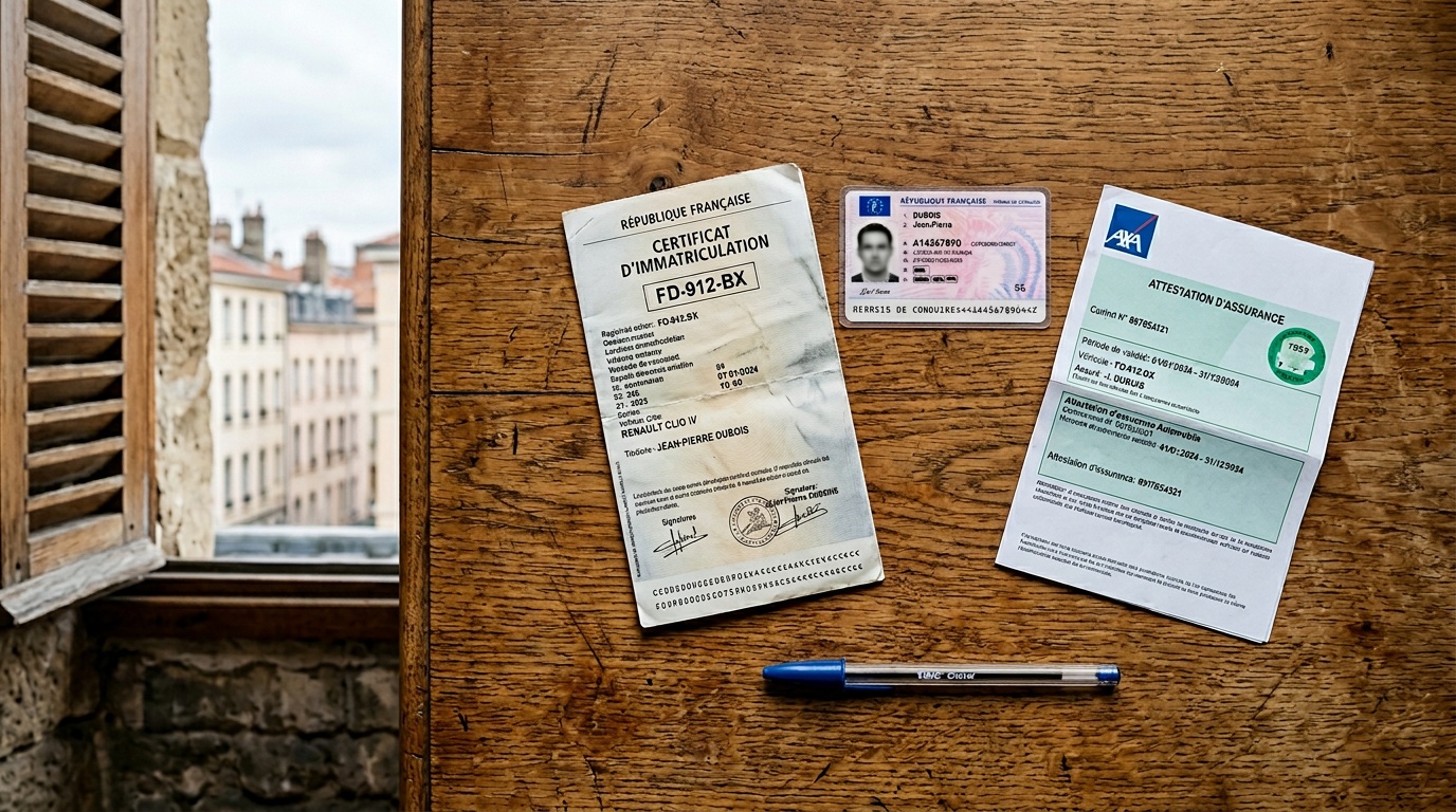 Carte grise et documents de véhicule posés sur un bureau en bois à Lyon