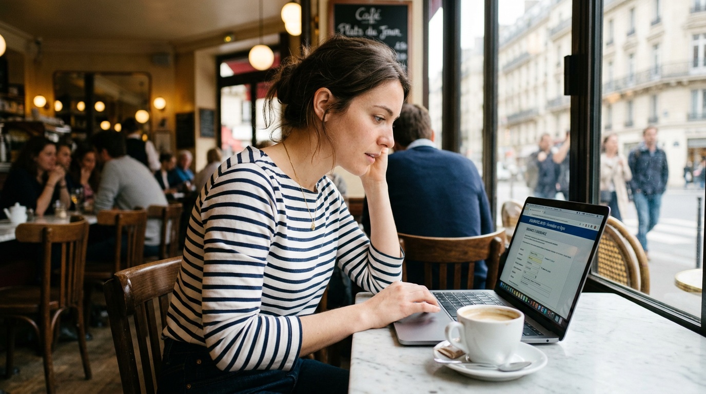 Personne souscrivant une assurance temporaire en ligne sur smartphone dans un café bordelais