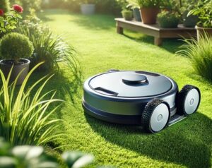 un robot tondeuse en train de tondre une pelouse verte luxuriante en cours de coupe, des plantes de jardin, et une journée ensoleillée