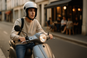 Un jeune conducteur sur un scooter 50cc en ville