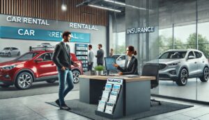 Bureau de location de voitures avec un client discutant des options d'assurance temporaire.