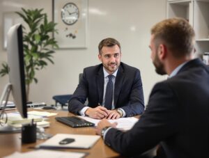Un assureur qui est en rendez vous dans son bureau à avec un client professionnel. Assurance RC Pro: Comment choisir sa RC professionnelle?