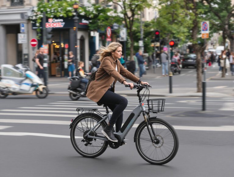 une femme blonde roule dans Paris sur un velo electrique