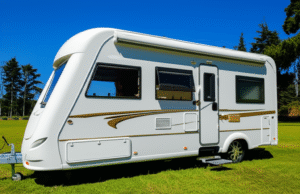 Une caravane tractable moderne avec un design aérodynamique et une grande baie vitrée, stationnée sur une pelouse verte sous un ciel bleu.