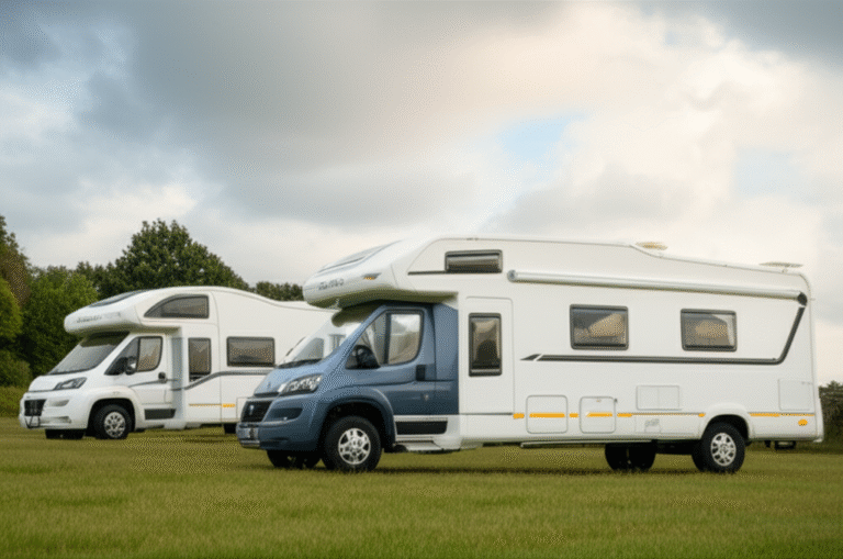 Deux camping-cars différents (par exemple, un profilé et un intégral) garés côte à côte dans un cadre naturel, peut-être un terrain de camping ou une aire de stationnement pittoresque.