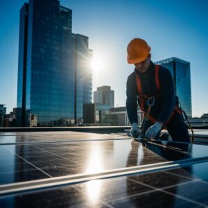 photo of a professional solar panel installer working on a rooftop under a bright blue sky, wearing safety gear and helmet, modern buildings in the background, cinematic lighting, ultra sharp detail.