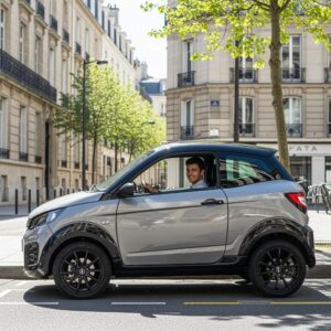 Photo hyper-réaliste 8K HD d’une voiture sans permis moderne (type Ligier ou Aixam), garée dans une rue urbaine française, en pleine journée, avec un jeune conducteur souriant au volant. Style réaliste, couleurs vives, atmosphère rassurante, prise de vue professionnelle.