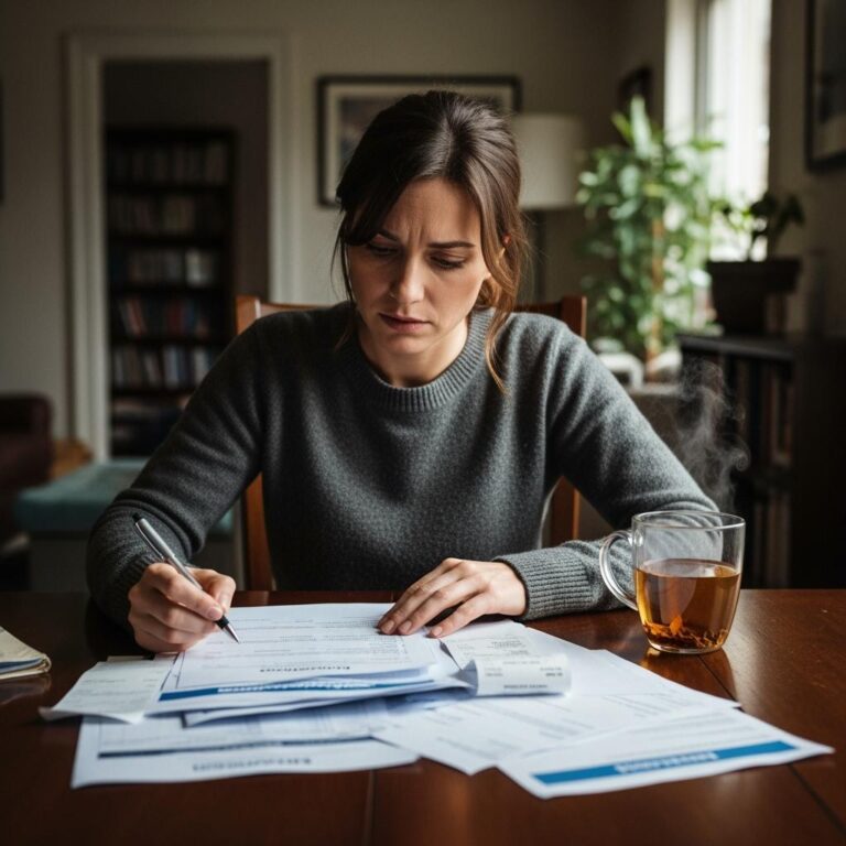 A woman in her late 30s, self-employed, sitting alone at her dining table, visibly anxious while reading medical bills and insurance documents, pen in hand, cup of herbal tea next to her, homey yet emotionally tense atmosphere