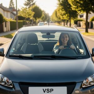 Hyperrealistic image of a young woman (around 17) confidently driving a small modern "voiture sans permis" in a quiet suburban street. Sunlight, soft focus on the car, visible "VSP" plate, no license plate. She is smiling, with both hands on the wheel. The vehicle is compact and elegant, maximum 2 seats.
