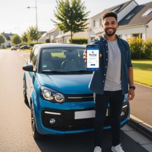 A confident young man in his 20s standing proudly next to his modern microcar (voiture sans permis) in a sunny suburban street. He's holding a smartphone showing an insurance app with Revital Assurances logo. The vibe is affordable, secure, and tech-savvy.