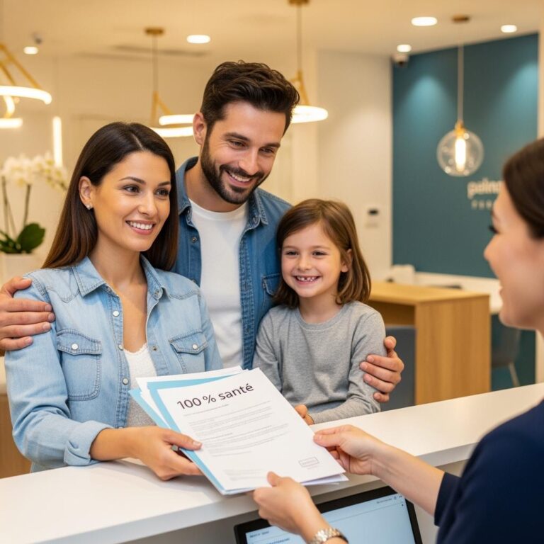 French family (parents and child) at a dental clinic reception, smiling, receiving paperwork labeled “100 % santé”, soft tones, trust and comfort conveyed.