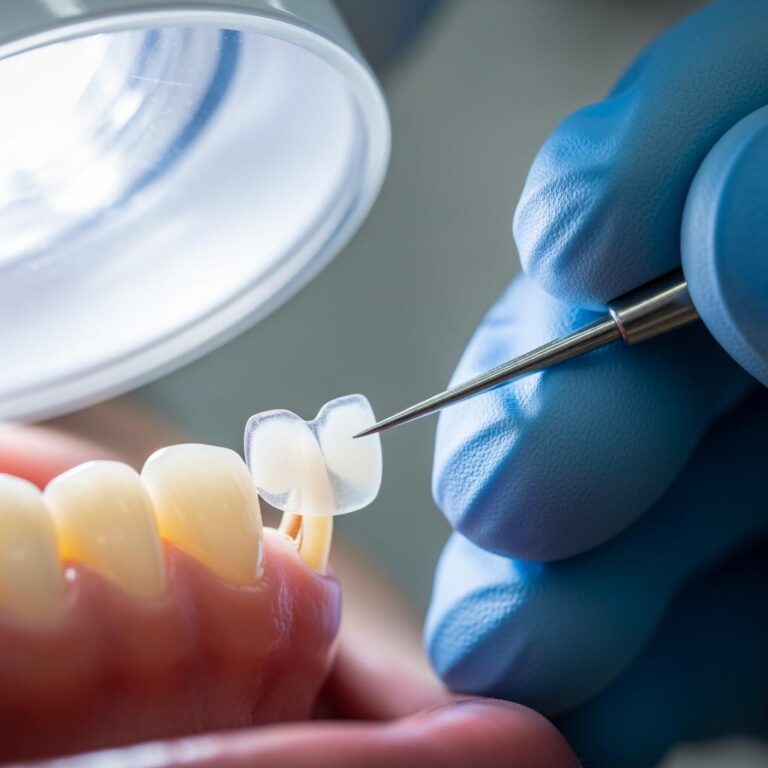 Gros plan réaliste d’une dent en cours de pose d’une facette dentaire, main du dentiste avec gants, outil de précision, lumière blanche d’un cabinet dentaire moderne.
