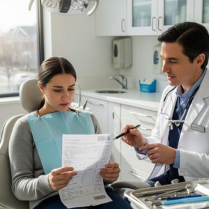 personne assise dans un cabinet dentaire, regardant une facture élevée de soins dentaires avec une expression inquiète, le dentiste à côté explique les coûts, lumière naturelle, style photographique professionnel