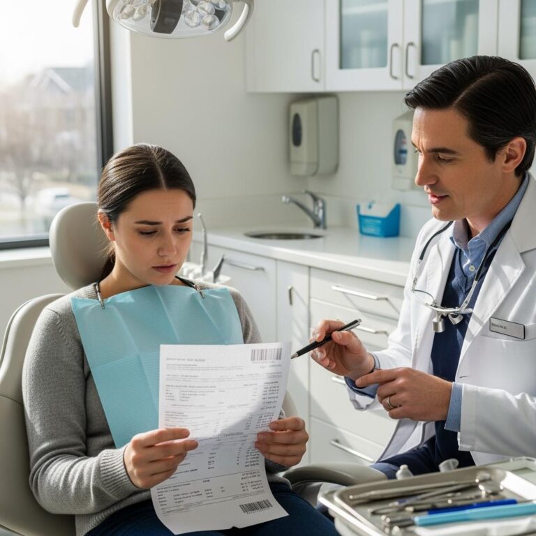 personne assise dans un cabinet dentaire, regardant une facture élevée de soins dentaires avec une expression inquiète, le dentiste à côté explique les coûts, lumière naturelle, style photographique professionnel