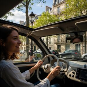 femme qui conduit une fiat topolino souriante