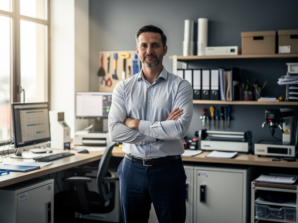 photo of a small business owner standing confidently inside his professional workspace