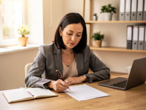 A thoughtful French female insurance professional