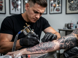 tattoo artist working in a professional tattoo studio