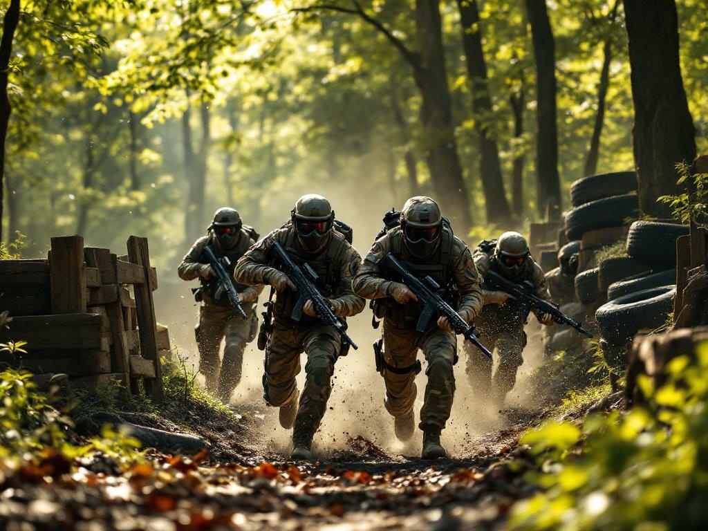 Partie d'airsoft en extérieur avec équipes en action - assurance RC Pro airsoft