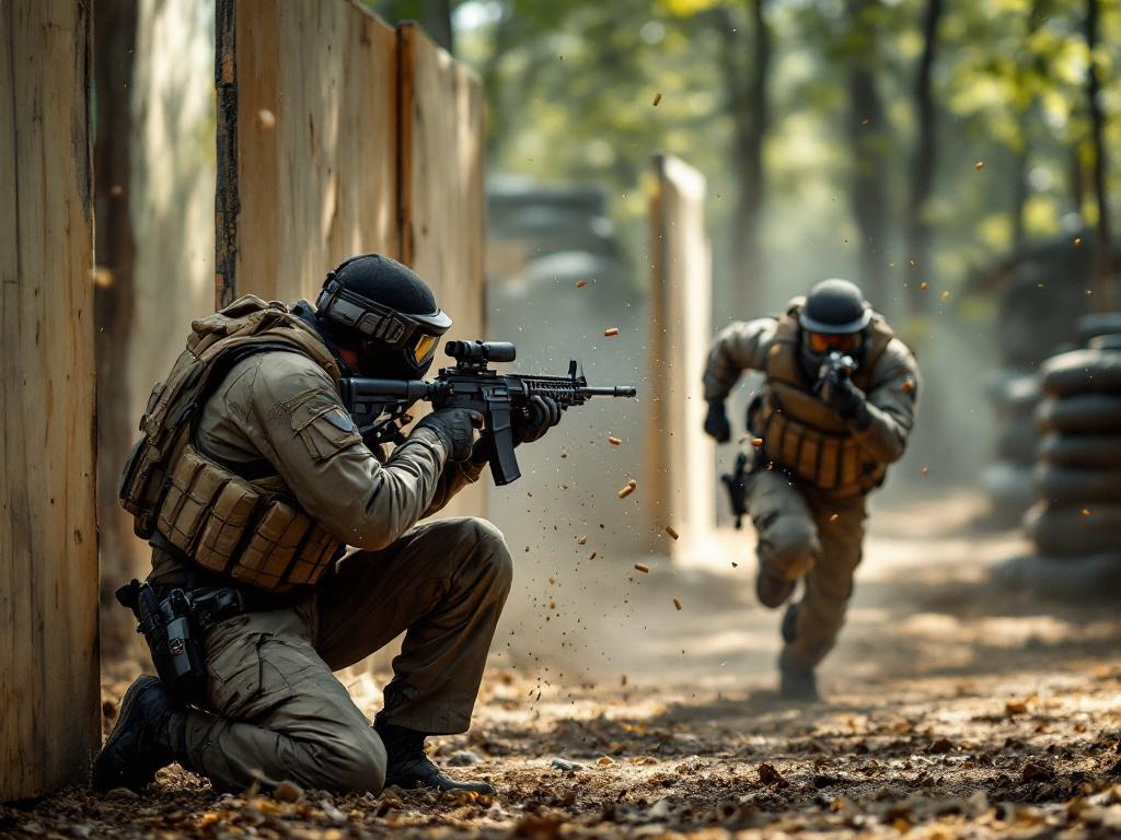 Joueurs d'airsoft en pleine action lors d'une partie tactique