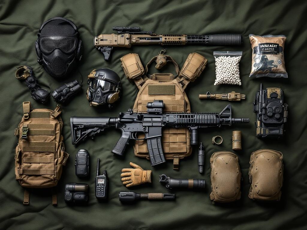 Équipement complet d'airsoft : répliques, masques et protections