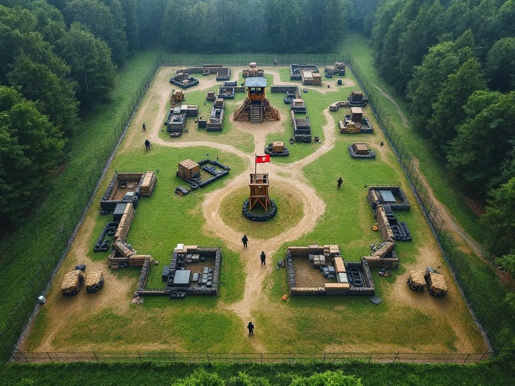 Terrain d'airsoft extérieur vu du ciel avec zones de jeu balisées