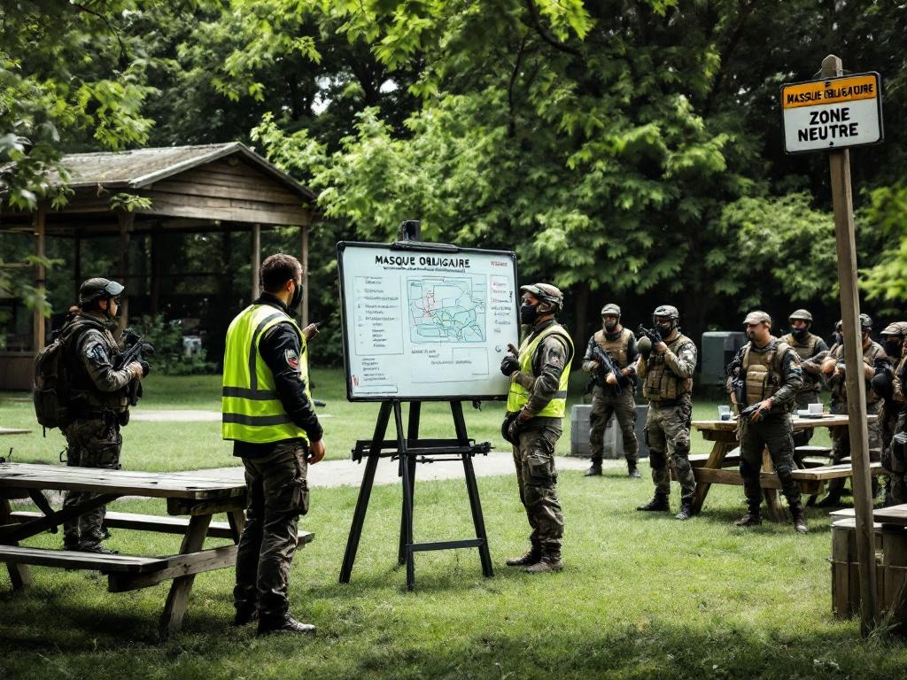 Briefing sécurité avant une partie d'airsoft sur terrain professionnel