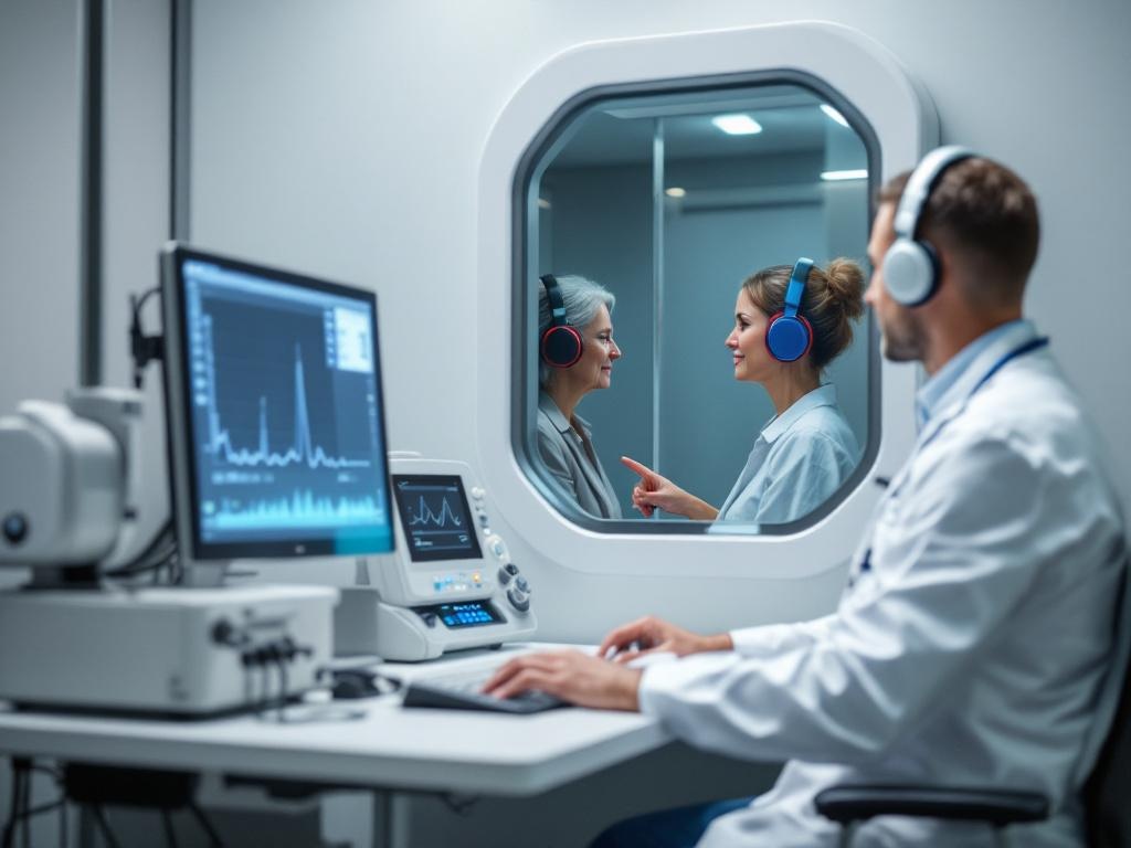 Audioprothésiste réalisant un test auditif en cabine audiométrique
