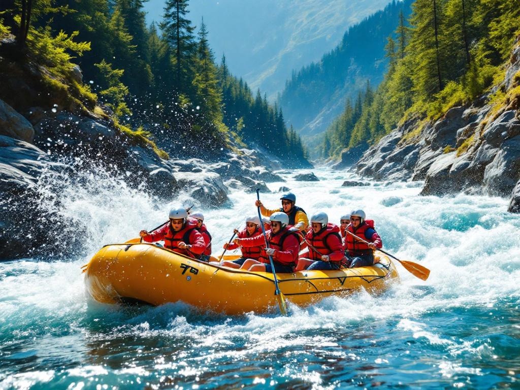 Raft avec passagers descendant des rapides en montagne - assurance RC Pro rafting