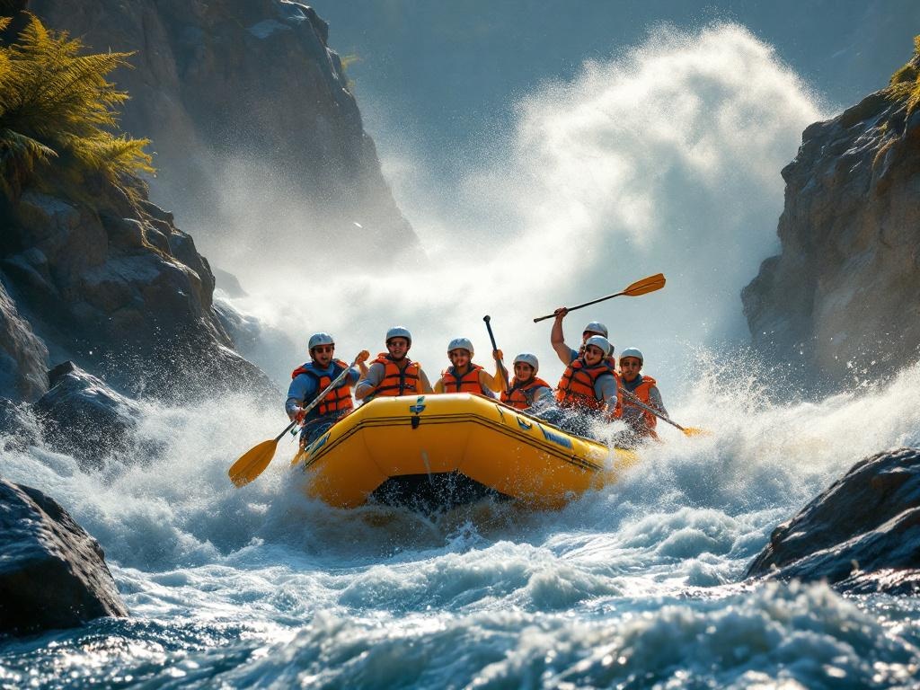 Groupe de participants en raft affrontant des rapides de classe III