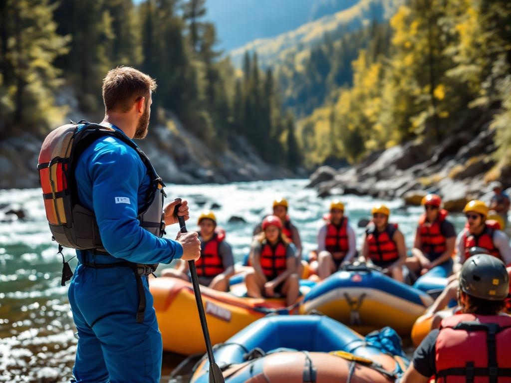 Guide de rafting donnant un briefing sécurité avant la descente