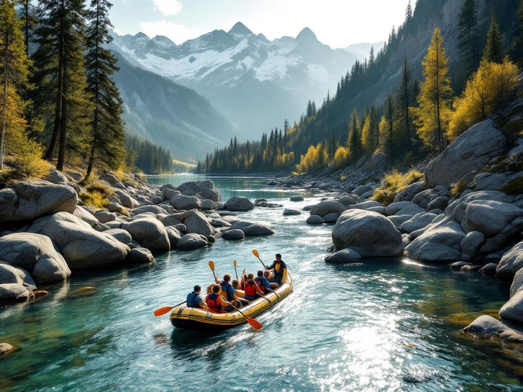 Raft flottant dans une section calme de rivière en montagne