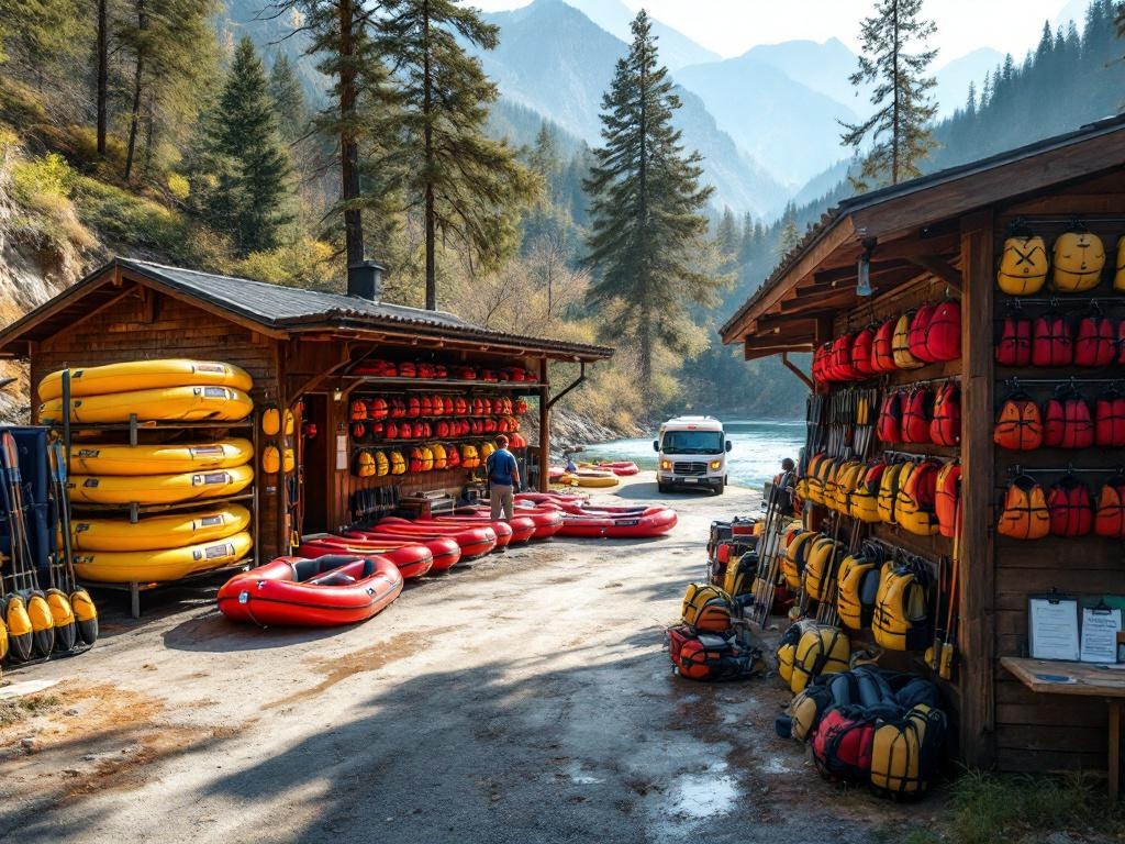 Base nautique de rafting avec équipement et rafts au bord de la rivière