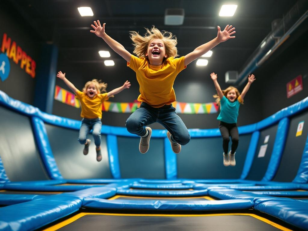Enfants sautant joyeusement sur des trampolines interconnectés