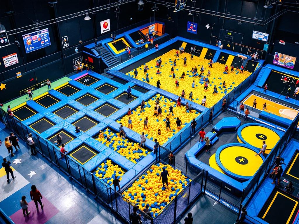 Vue d'ensemble d'un trampoline park avec multiples zones de saut