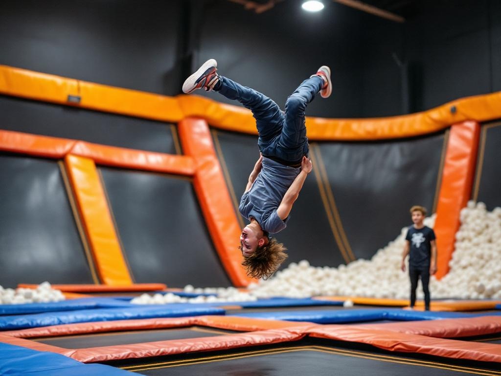 Adolescent réalisant un salto sur trampoline dans un parc indoor