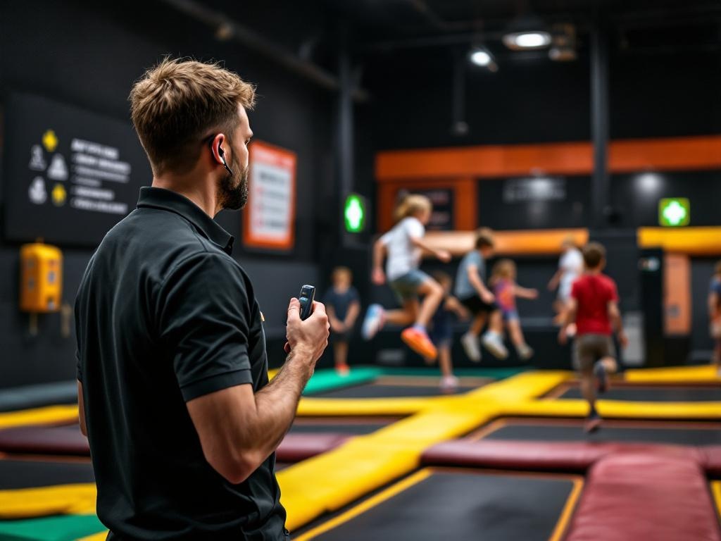 Moniteur de sécurité surveillant l'activité dans un trampoline park