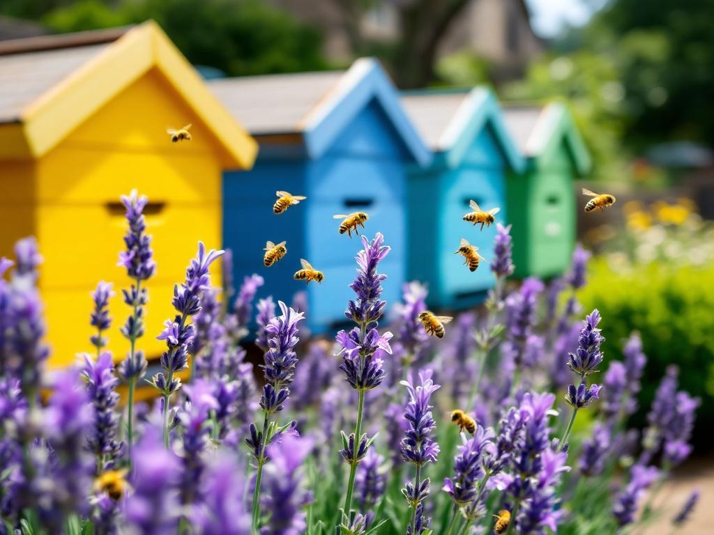 Abeilles butinant des fleurs de lavande devant des ruches en bois colorées