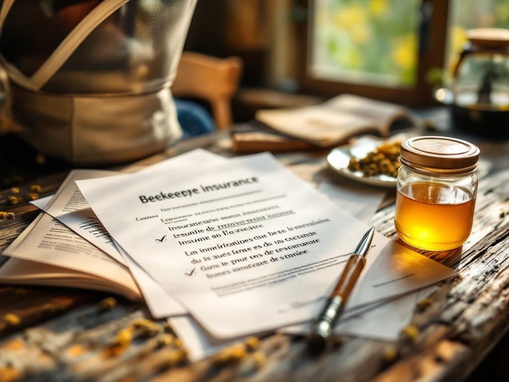 Document d'assurance responsabilité civile apiculteur posé sur une table à côté d'un enfumoir et d'un voile