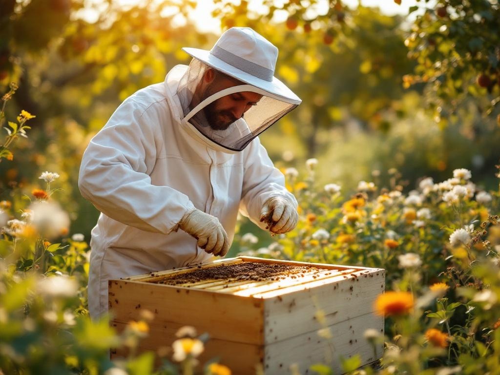 Apiculteur amateur inspectant ses ruches dans un jardin fleuri avec équipement de protection