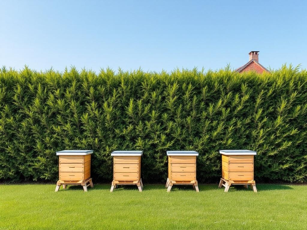 Ruches bien espacées installées derrière une haie végétale haute dans un jardin résidentiel