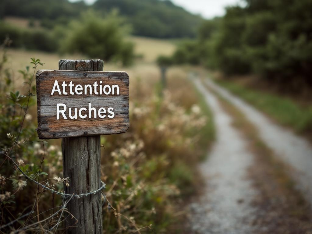 Panneau signalant la présence de ruches à proximité d'un chemin de campagne