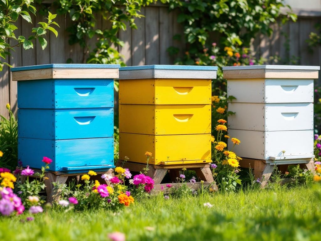 Petit rucher de loisir avec trois ruches colorées dans un jardin de banlieue