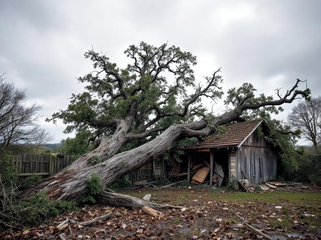 Arbre tombé sur une clôture après une tempête sur un terrain non bâti - risque couvert par la RC terrain