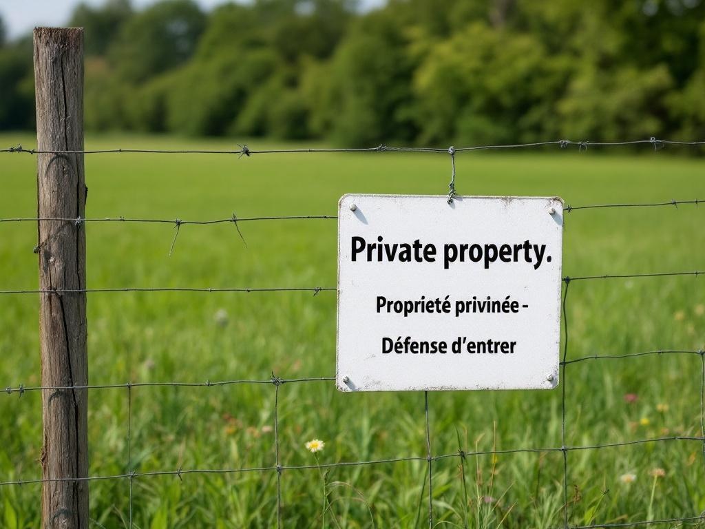 Panneau propriété privée sur une clôture de terrain non bâti en campagne française