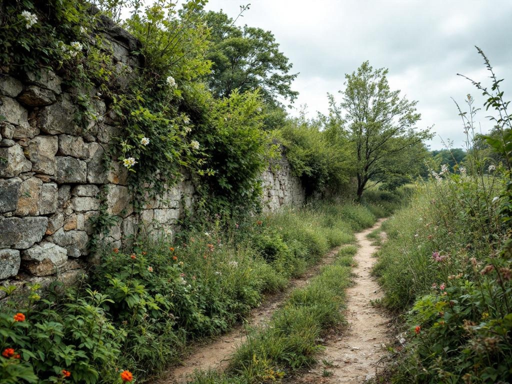 Terrain en friche avec végétation dense et vieux muret de pierres en campagne française - risques du propriétaire foncier