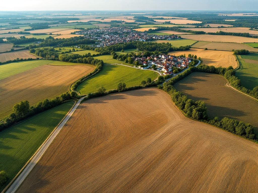 Vue aérienne d'un terrain non bâti avec parcelles agricoles et forêt en bordure de village