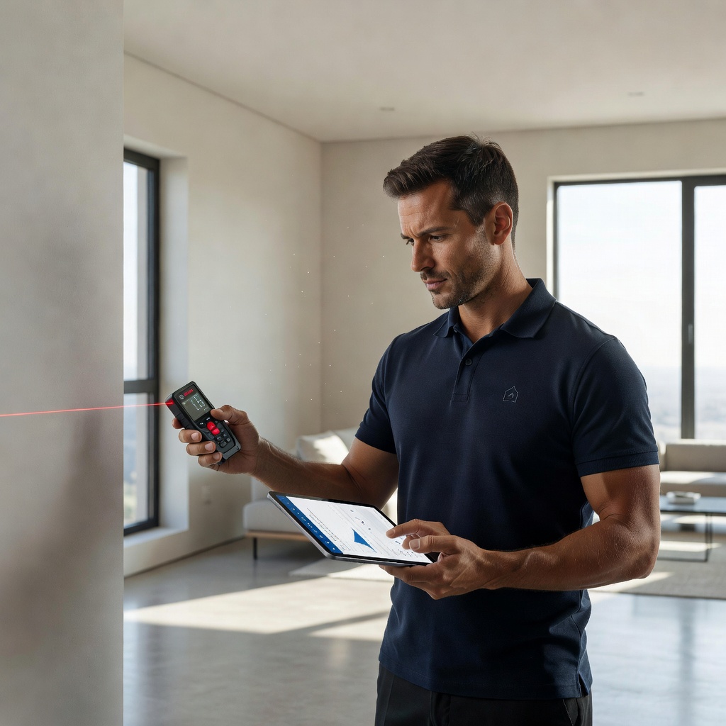 A professional real estate diagnostician in a modern apartment